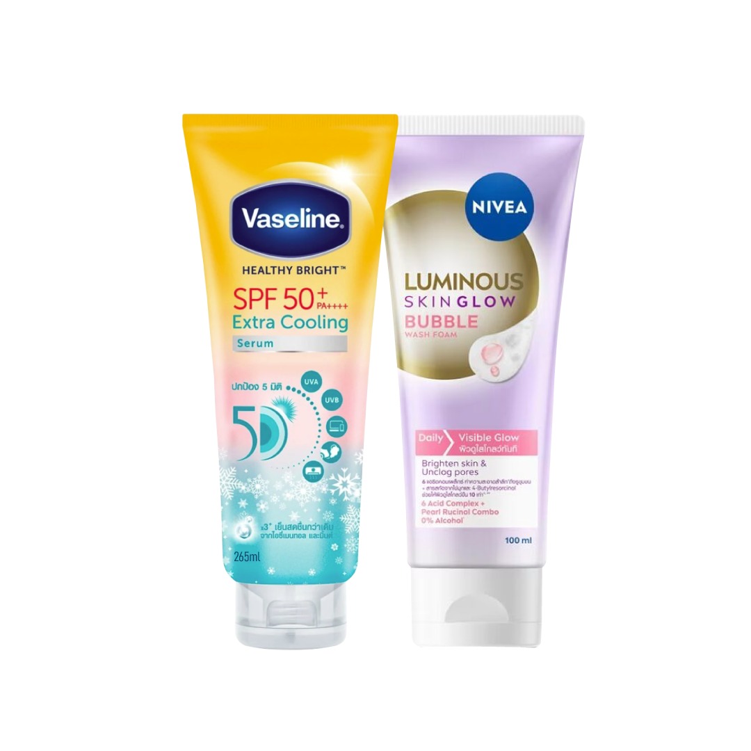 Vaseline Healthy Bright Extra Cooling Serum SPF50+ 265 ml + Nivea Luminous 630 Wash Foam 100 ml Combo Pack